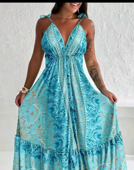 Women's fashionable casual printed V-neck lace up thin shoulder strap long skirt casual A-line smoked dress 2025 summer new item