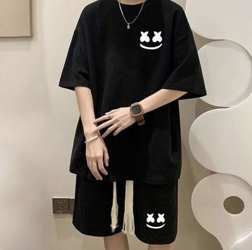 Dou-color 2-in-1 Men's Fashion Short Sleeve Set With Smiley Printed T-shirt And Shorts Set - Black